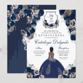 Invitación Floral floral azul marino y plateado elegante Quin
