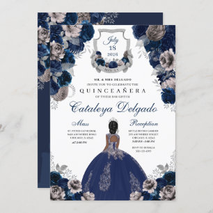 Invitación Floral floral azul marino y plateado elegante Quin