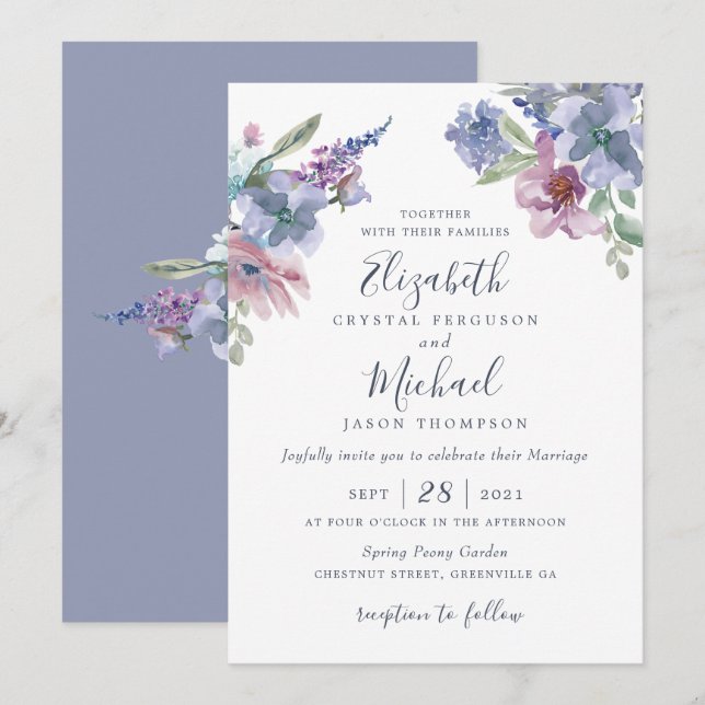 Invitación Floral Floral Azul morado Rubor moderno (Anverso / Reverso)