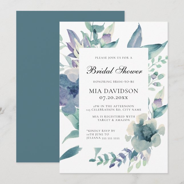 Invitación Floral Floral Azul Morado Verde Ducha de novia (Anverso / Reverso)