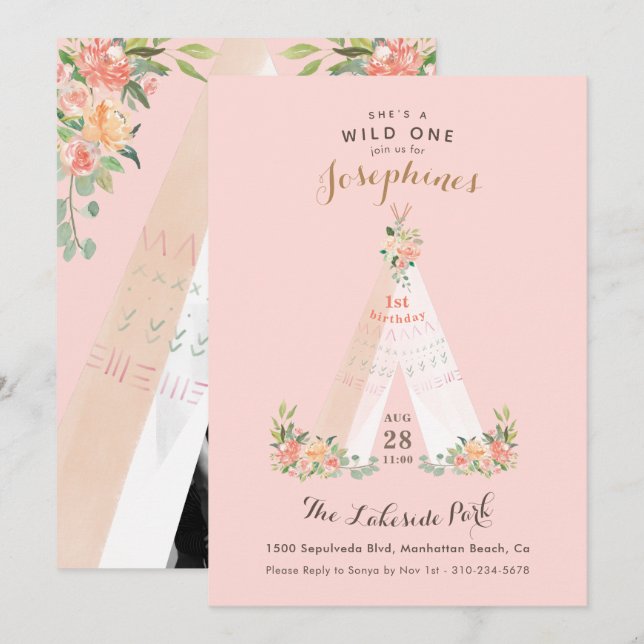 Invitación Floral Floral Boho Tribal Teepee Wild One (Anverso / Reverso)