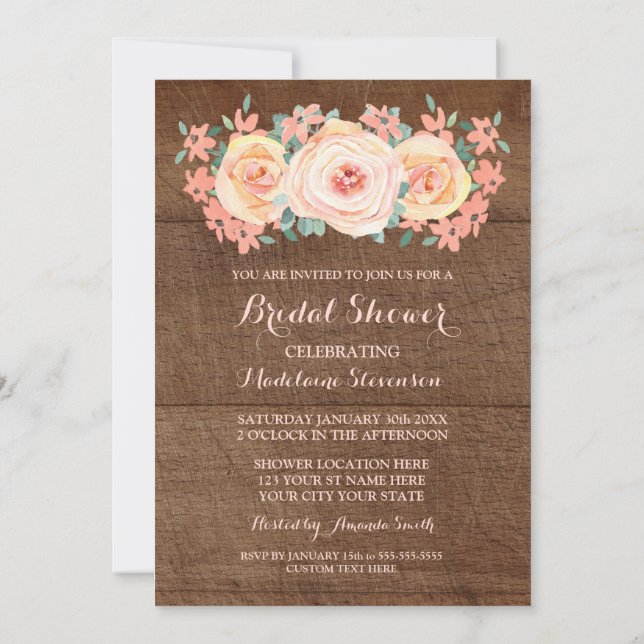 Invitación Floral Floral Bridal De Madera Rústica Peach (Reverso)