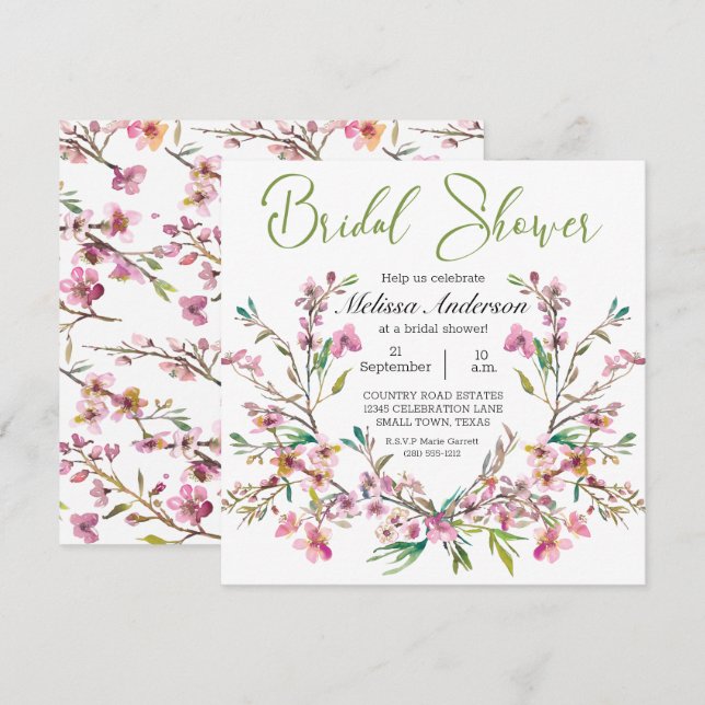 Invitación Floral Floral Brillante de Cerezo Rosa (Anverso / Reverso)