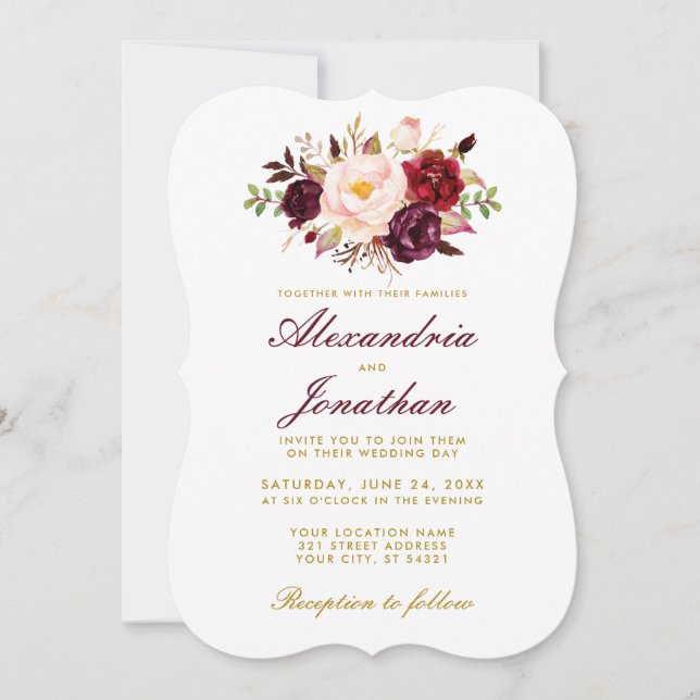 Invitación Floral Floral Burgundy Gold Boda BR (Anverso)