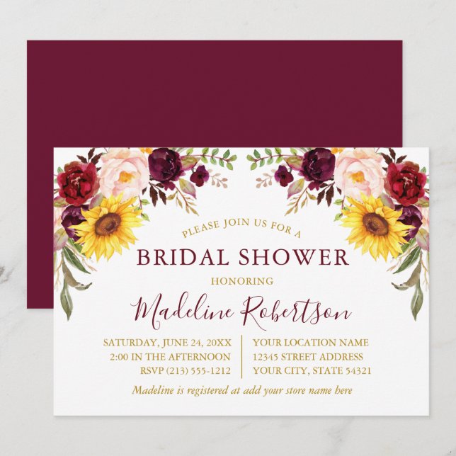 Invitación Floral Floral Burgundy Gold Bridal Shower (Anverso / Reverso)