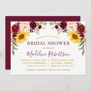 Invitación Floral Floral Burgundy Gold Bridal Shower