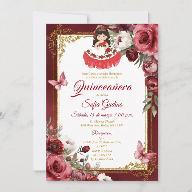Invitación Floral floral castellano Chica Quinceañera Maripos (Anverso)