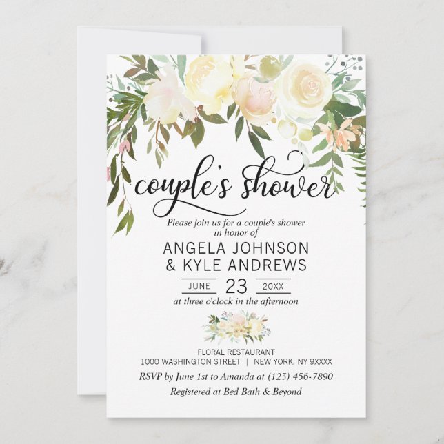 Invitación Floral Floral Crema Rosa De Agua Ducha De Marfil (Anverso)