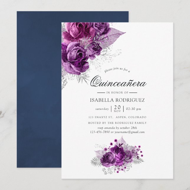 Invitación Floral floral de ciruela y acuarela (Anverso / Reverso)