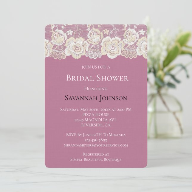 Invitación Floral floral de encaje rosa rosa romántico (Anverso de pie)