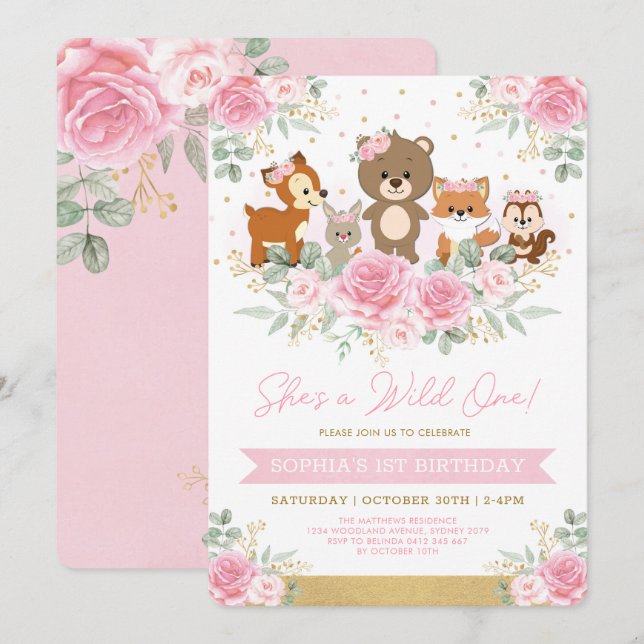 Invitación Floral floral de madera rosada un primer cumpleaño (Anverso / Reverso)