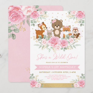 Invitación Floral floral de madera rosada un primer cumpleaño