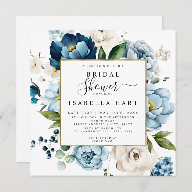 Invitación Floral floral de marfil azul retro de la marina (Anverso / Reverso)