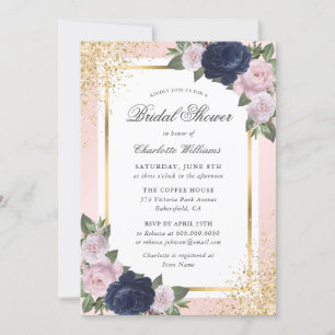 Invitación Floral floral de oro rosa Rubor azul de la marina