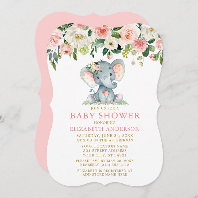 Invitación Floral Floral Elefante Rosa Baby Shower Gold (Anverso / Reverso)