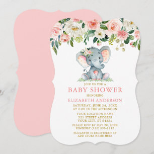 Invitación Floral Floral Elefante Rosa Baby Shower Gold