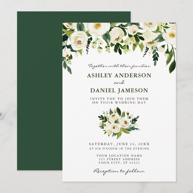 Invitación Floral Floral Elegante Boda Verde (Anverso / Reverso)