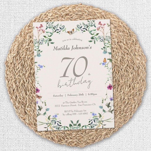 Invitación Floral Floral Elegante fiesta de cumpleaños número (Elegant 70th Birthday Wildflowers Floral Invitation)