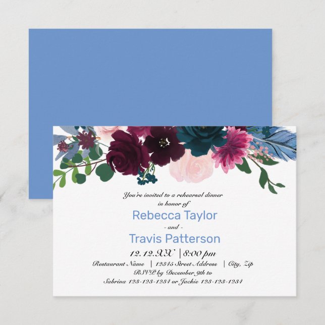 Invitación Floral Floral en azul - cena de ensayo 3x5 (Anverso / Reverso)