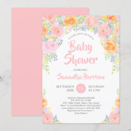 Invitación Floral floral floral de color rosa de Baby Shower