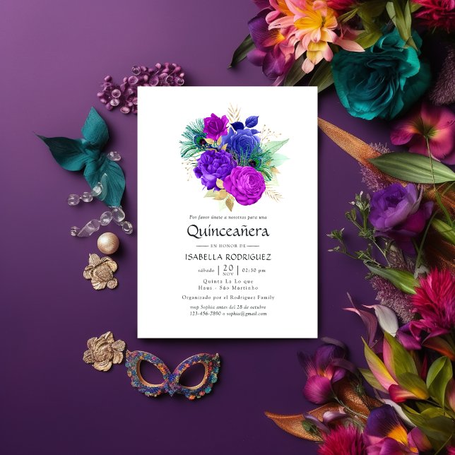 Invitación Floral Floral Mardi Gras Quinceañera (Subido por el creador)