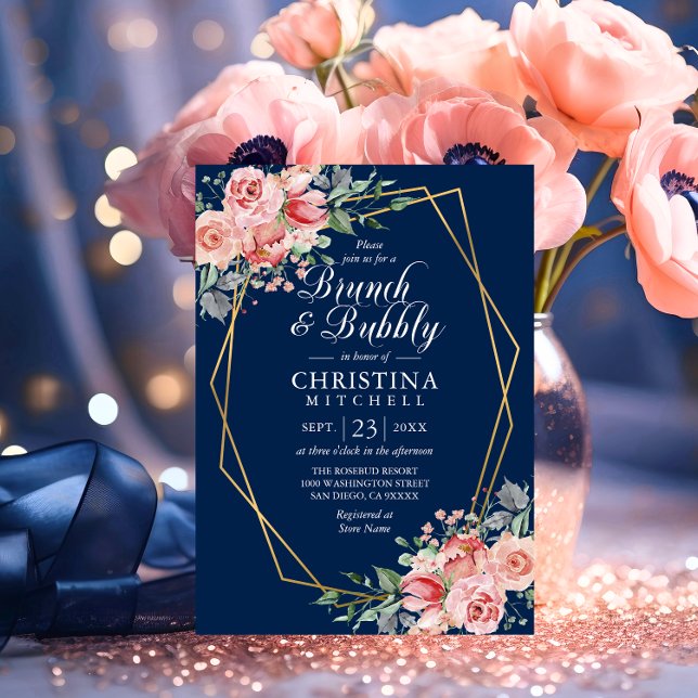 Invitación Floral Floral Marina Rosa Azul Brunch Bubbly (Watercolor Floral Pink Navy Blue Brunch Bubbly Invitation)