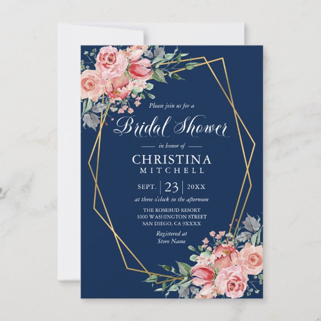 Invitación Floral Floral Marina rosa Azul Ducha de Novias (Anverso)