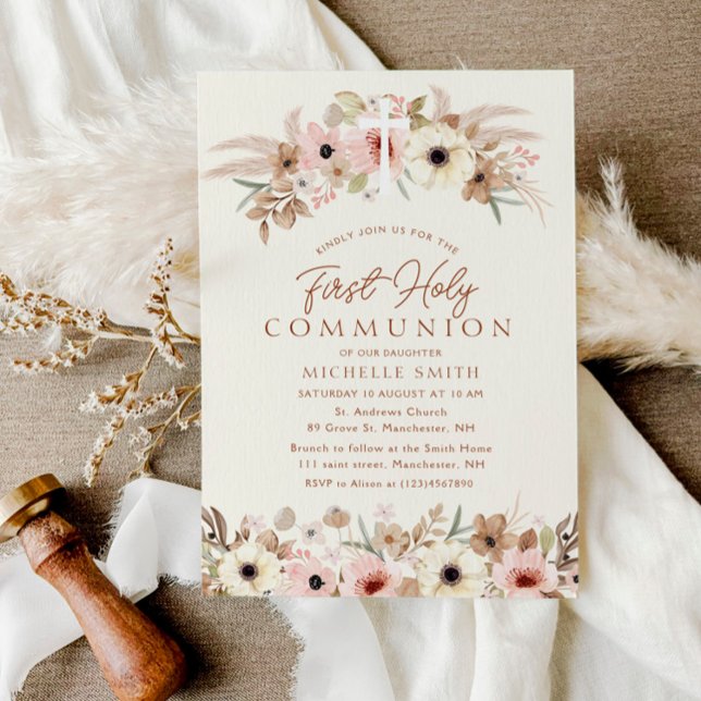 Invitación floral floral moderna primera comunión santa (Subido por el creador)