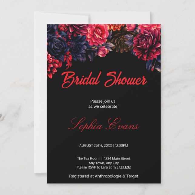 Invitación Floral floral negra y roja gótica ducha de novia o (Anverso)