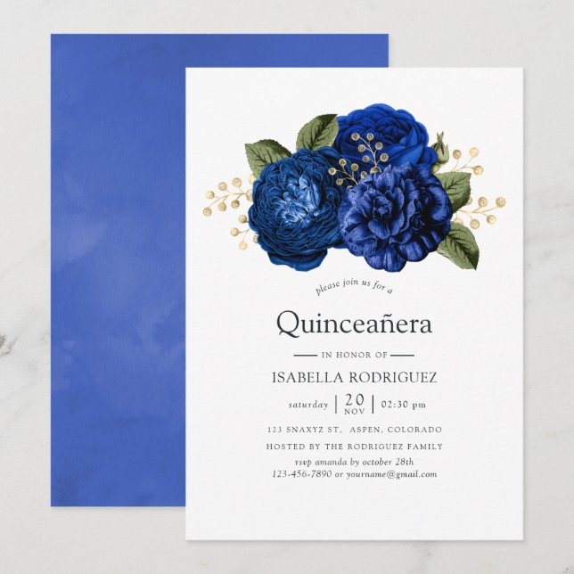 Invitación Floral floral real azul y dorada Quinceañera (Anverso / Reverso)