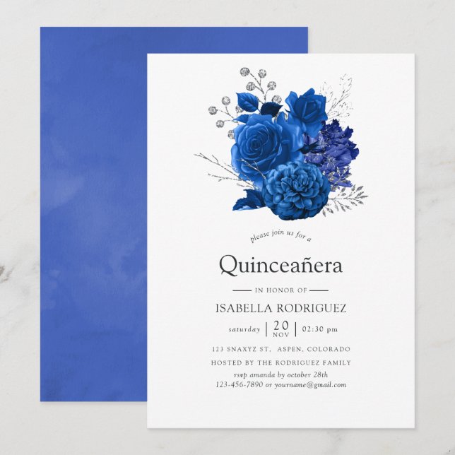 Invitación Floral floral real azul y plata Quinceañera (Anverso / Reverso)