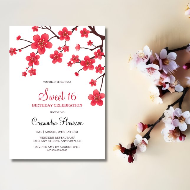 Invitación Floral Floral Red Cherry Blossom Sakura 16º cumple (Subido por el creador)