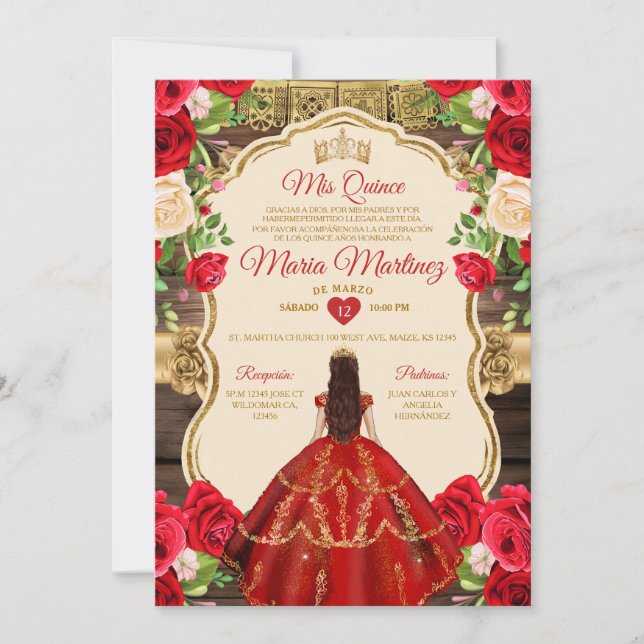 Invitación Floral floral roja brillante española de madera ru (Anverso)