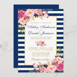 Invitación Floral Floral Rosa Azul Estampado Oro Boda