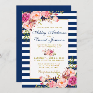 Invitación Floral Floral Rosa Azul Estampado Oro Boda