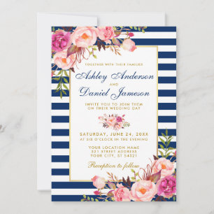 Invitación Floral Floral Rosa Azul Estampado Oro Boda W