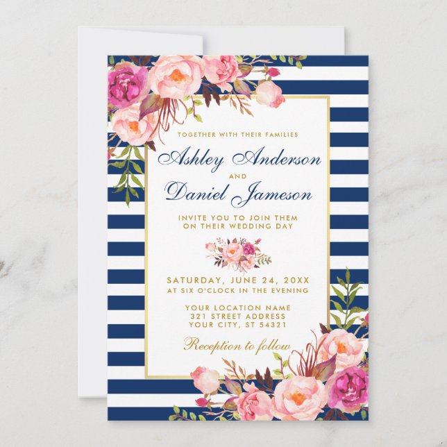 Invitación Floral Floral Rosa Azul Estampado Oro Boda W (Anverso)