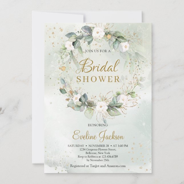 Invitación Floral floral rosa blanca verde eucalipto (Anverso)