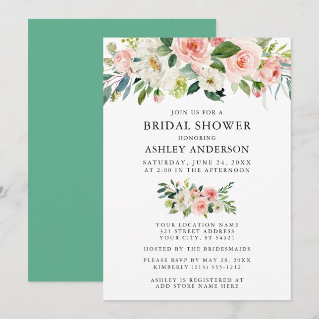 Invitación Floral Floral rosa Neo Mint Bridal (Anverso / Reverso)