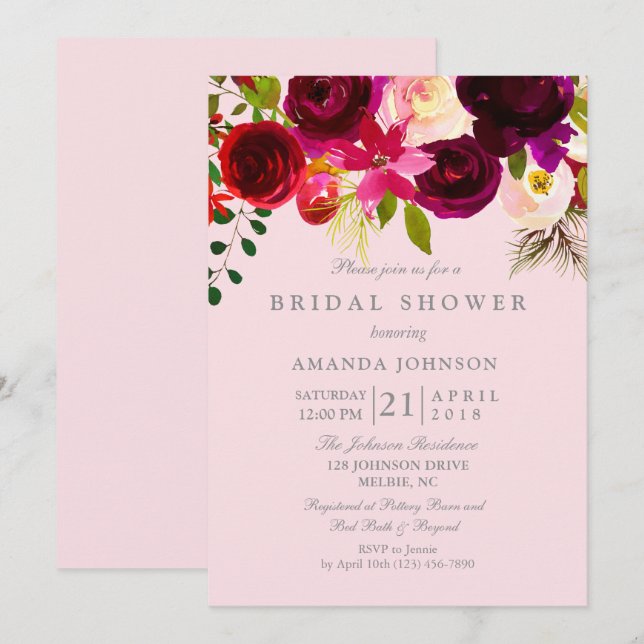 Invitación Floral floral rosa Rubor & Burgundy Shower (Anverso / Reverso)
