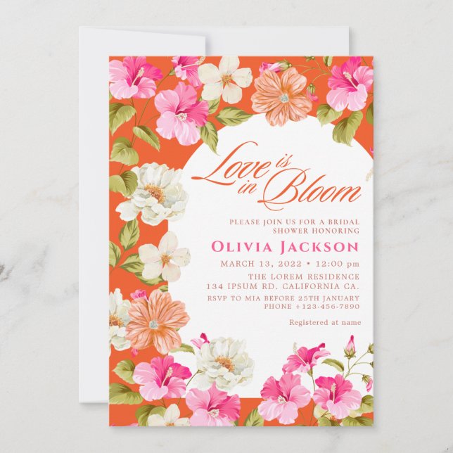 Invitación Floral floral rosa y Naranja audaz ducha de novia (Anverso)