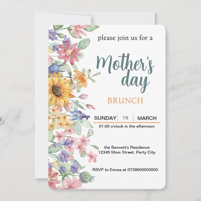 Invitación Floral Floral Sunflower de brunch del Día de la Ma (Anverso)