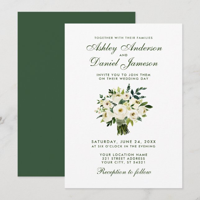 Invitación Floral Floral Verde Boda Bouquet GB (Anverso / Reverso)