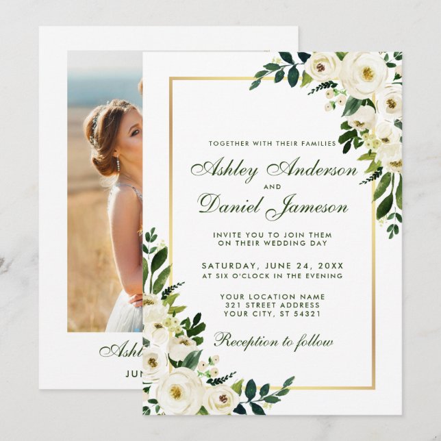 Invitación Floral Floral Verde Oro Blanco Boda de fotografía (Anverso / Reverso)