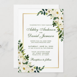 Invitación Floral Floral Verde Oro Blanco Boda de fotografía