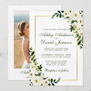 Invitación Floral Floral Verde Oro Blanco Boda de fotografía