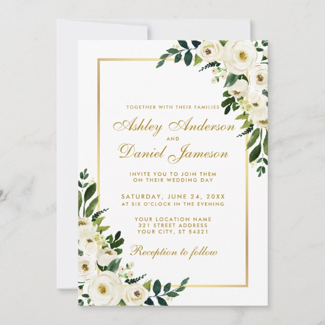 Invitación Floral Floral Verde Oro Blanco Boda G (Anverso)
