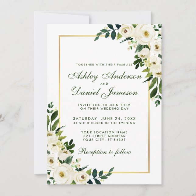 Invitación Floral Floral Verde Oro Blanco Bodas GS (Anverso)