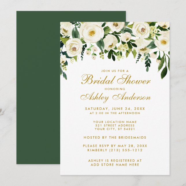 Invitación Floral Floral Verde Oro Blanco Brillante Ducha G (Anverso / Reverso)