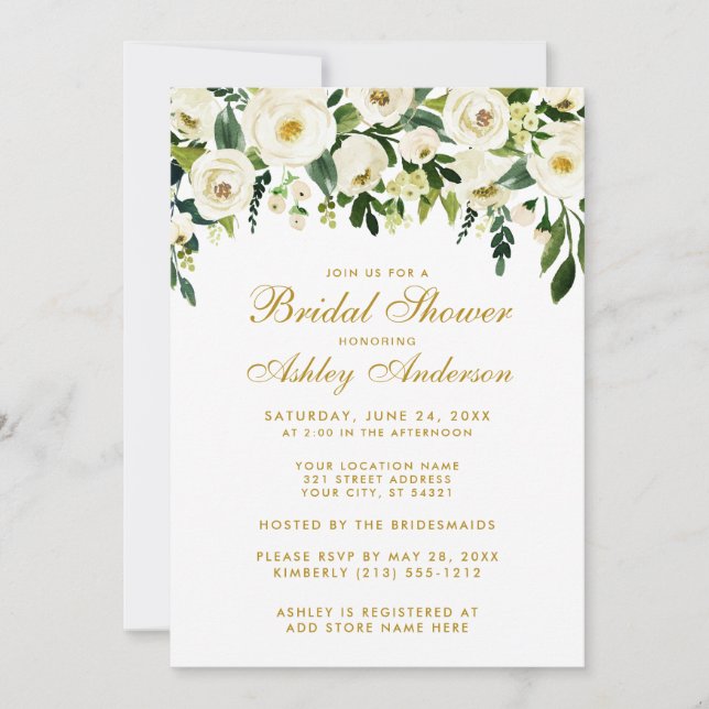 Invitación Floral Floral Verde Oro Blanco Brillante Ducha W (Anverso)